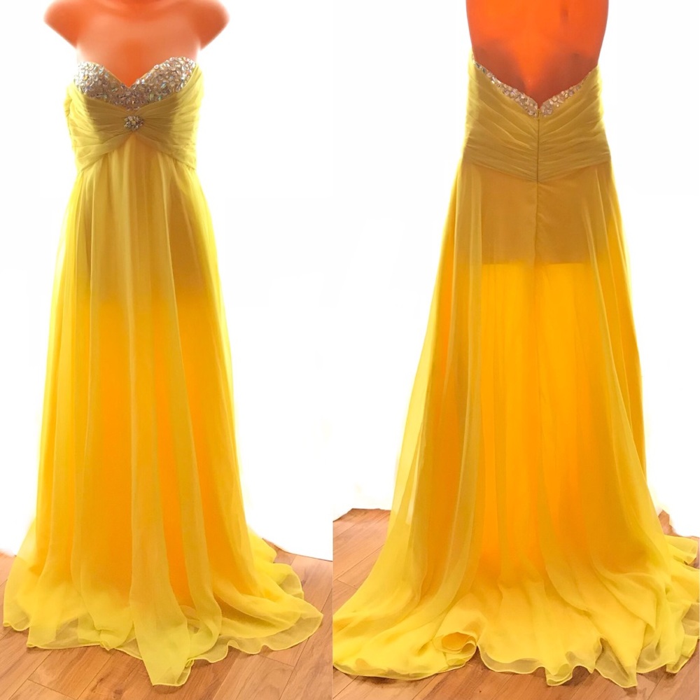 Yellow Mori Lee Beaded Jeweled Long Gown Formal Dress - Picture 2 of 9